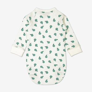 Back view of apple print babygrow for newborn babies in a wraparound style, made from 100% GOTS organic cotton fabric