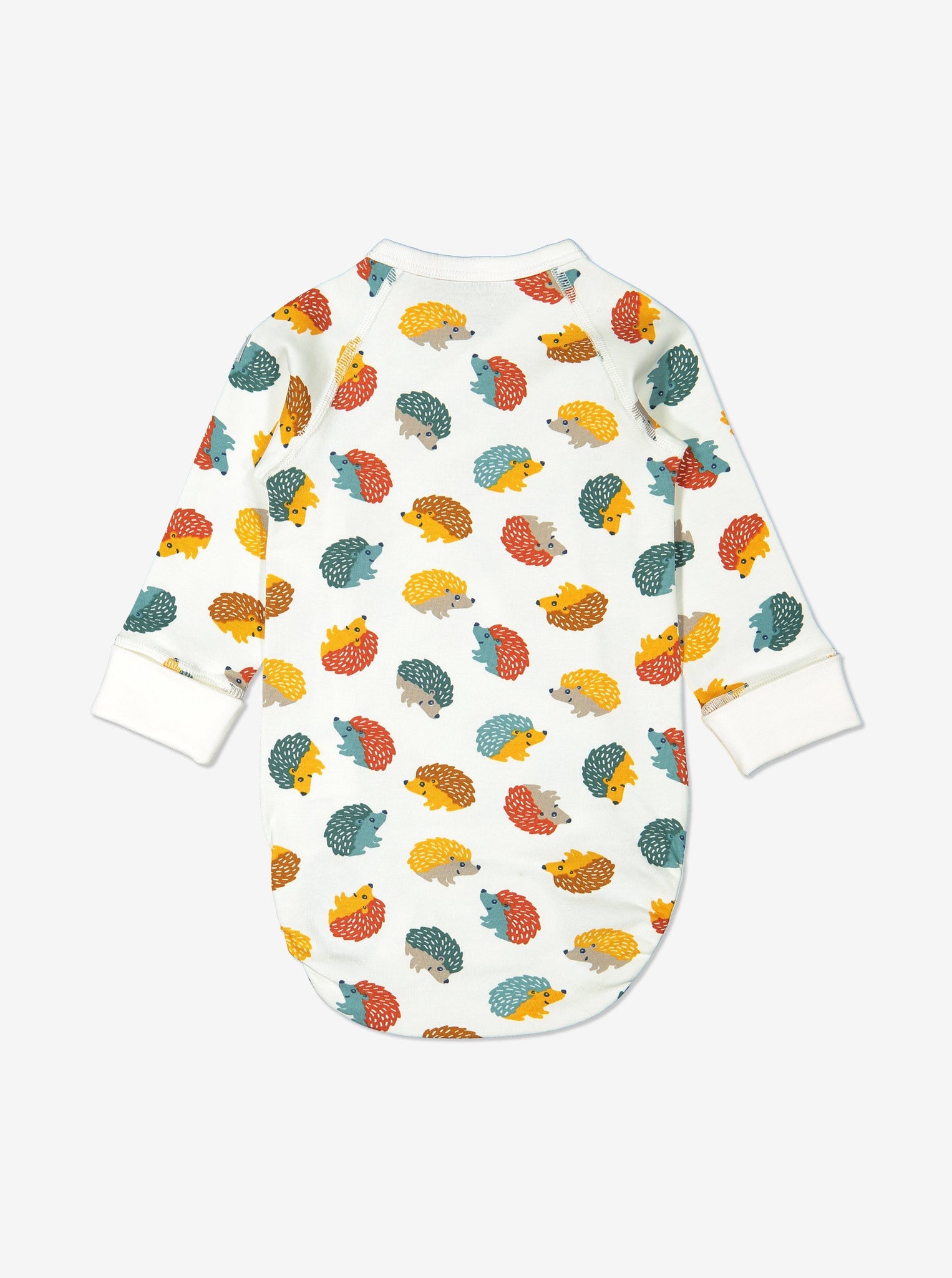 Back view of hedghog print babygrow for newborn babies in a wraparound style, made from 100% organic cotton fabric