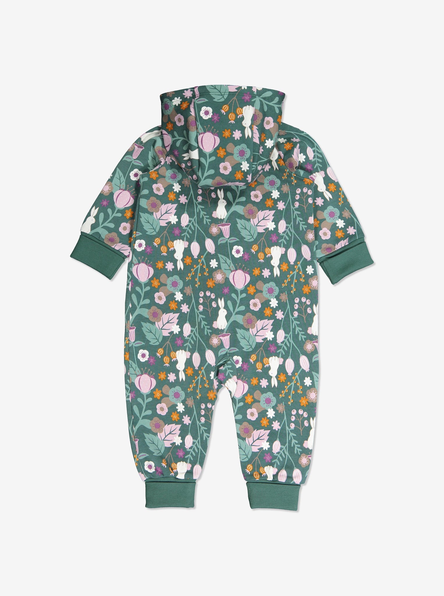 Back view of newborn baby onsie with Woodland print of flowers and bunnies in GOTS organic cotton. With cosy lined hood and full-length zip for speedy dressing and foldable ribbed cuffs for growing room