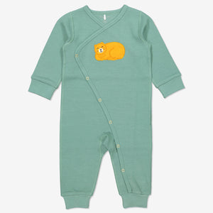 Wraparound onesie for newborn babies in GOTS organic cotton with adorable sleeping bear applique. With full length popper fastenings for speedy changes. Quality ribbed trim for added comfort.