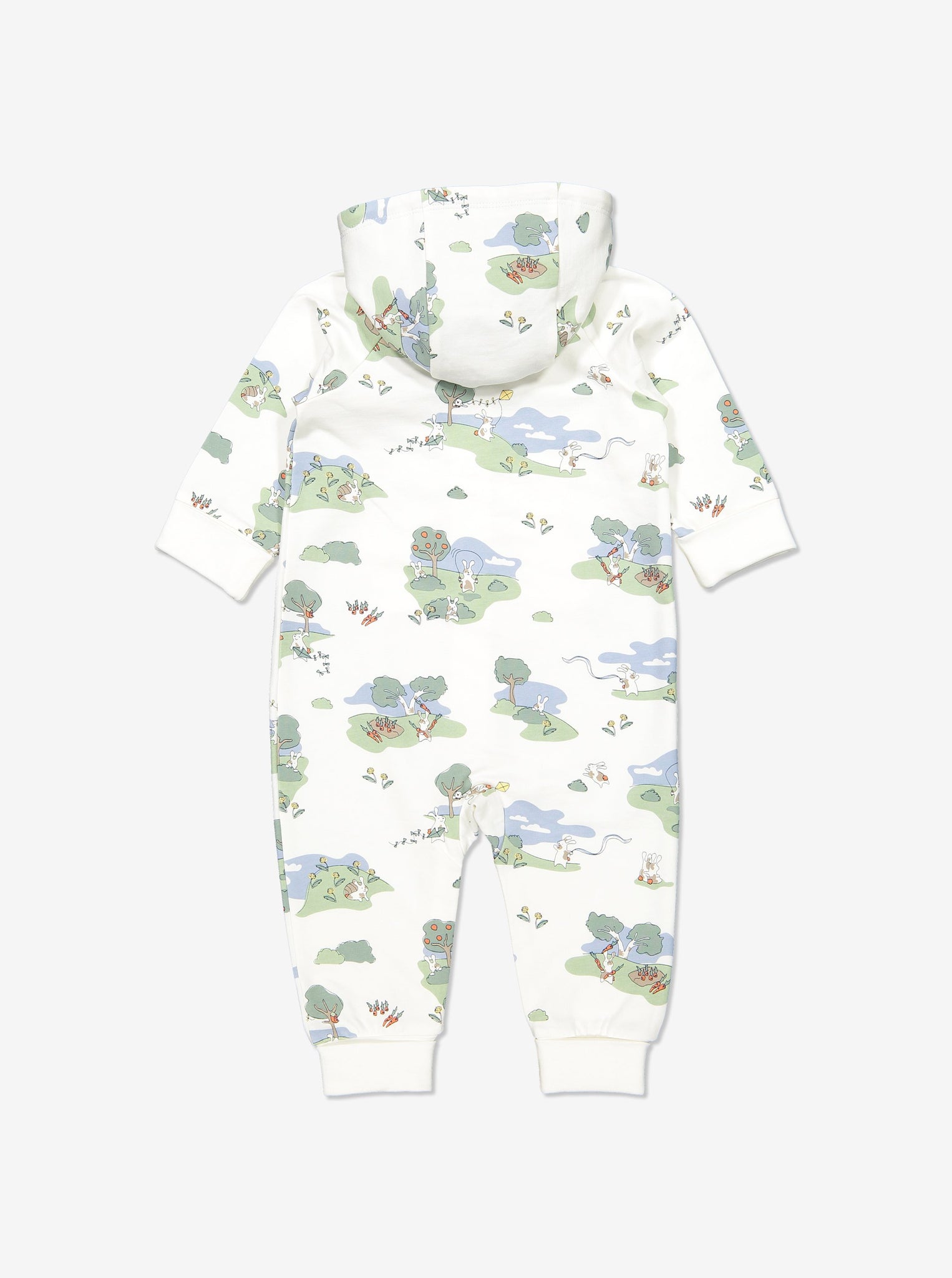 Back view of newborn baby onsie with playful bunny print in GOTS organic cotton. With cosy lined hood and full-length zip for speedy dressing and foldable ribbed cuffs for growing room