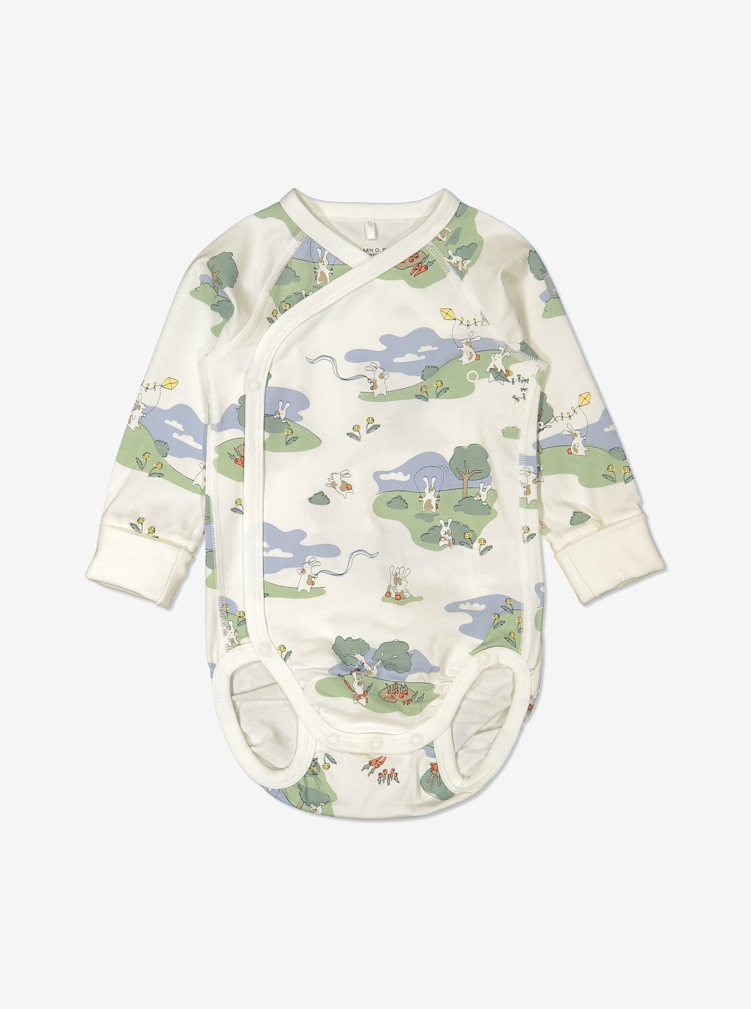 Bunny print babygrow for newborn babies in a wraparound style, made from 100% organic cotton fabric