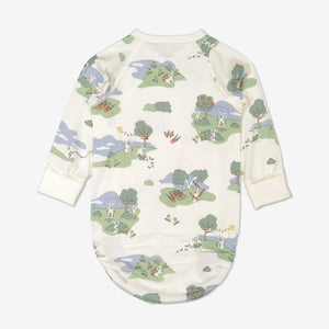 Back view of bunny print babygrow for newborn babies in a wraparound style, made from 100% organic cotton fabric