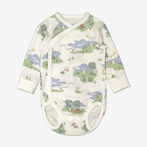 Bunny print babygrow for newborn babies in a wraparound style, made from 100% organic cotton fabric