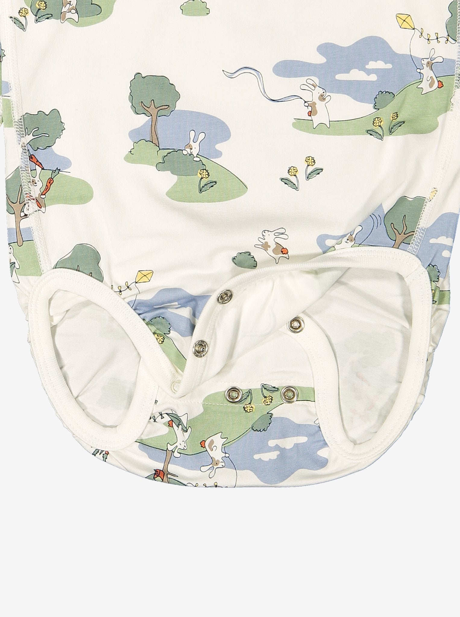 Close up of unisex bunny print GOTS organic cotton babygrow showing easy popper fastening for speedy changes