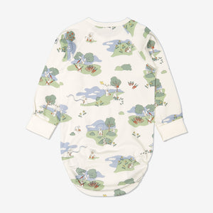 Back view of bunny print babygrow for babies with long sleeves, made from GOTS organic cotton fabric