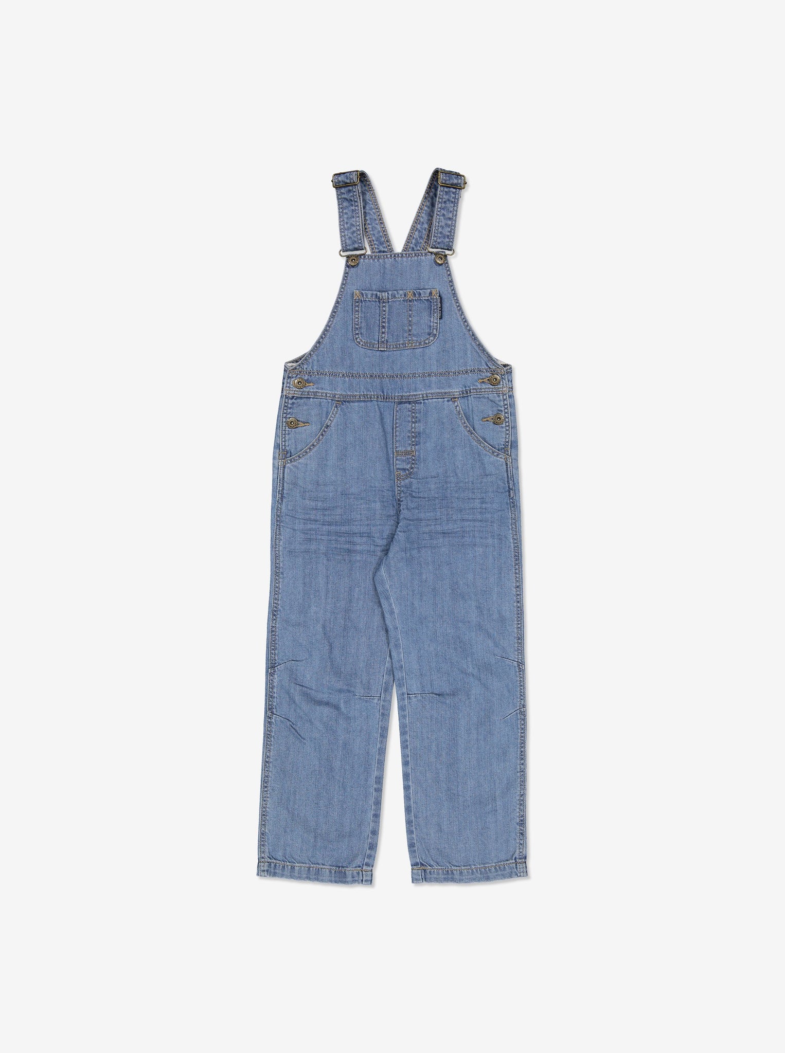 Organic denim unisex jean overalls for toddlers with adjustable shoulder straps, a large chest pocket and two back pockets.