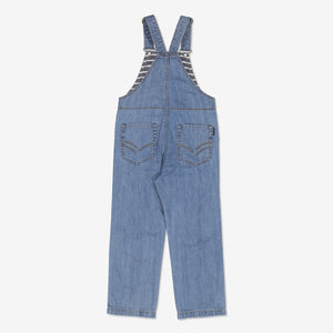 Organic denim unisex jean overalls for toddlers with adjustable shoulder straps, a large chest pocket and two back pockets. 
