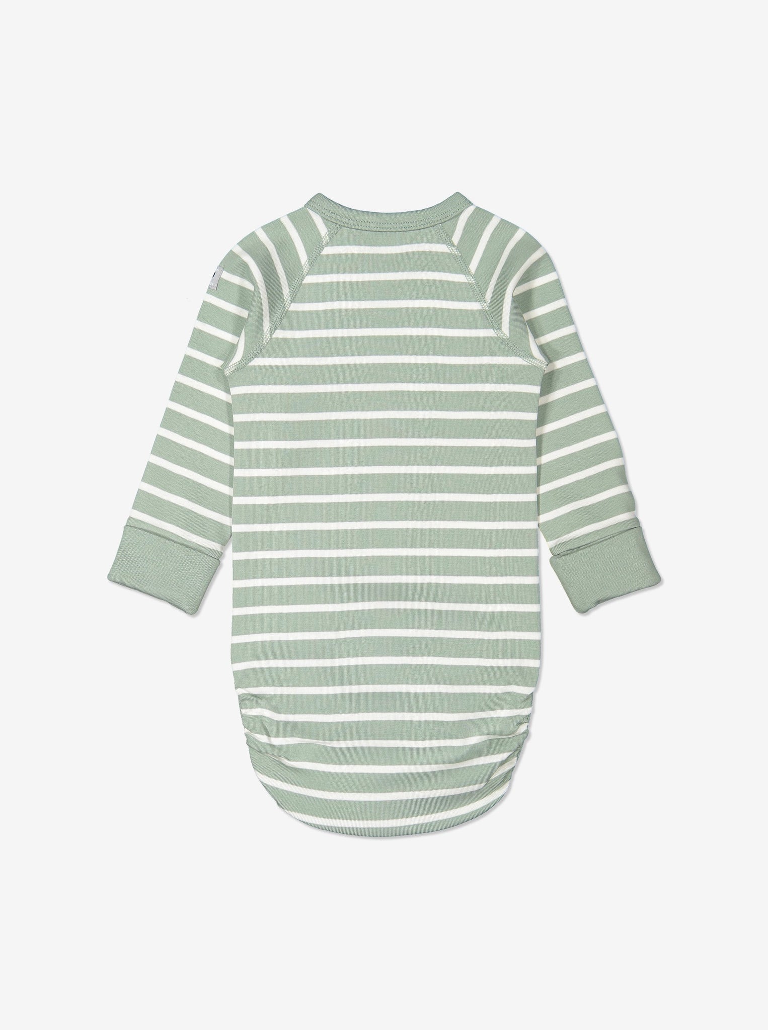 Back view of green and white striped babygrow for newborn babies in a wraparound style, made from GOTS organic cotton fabric