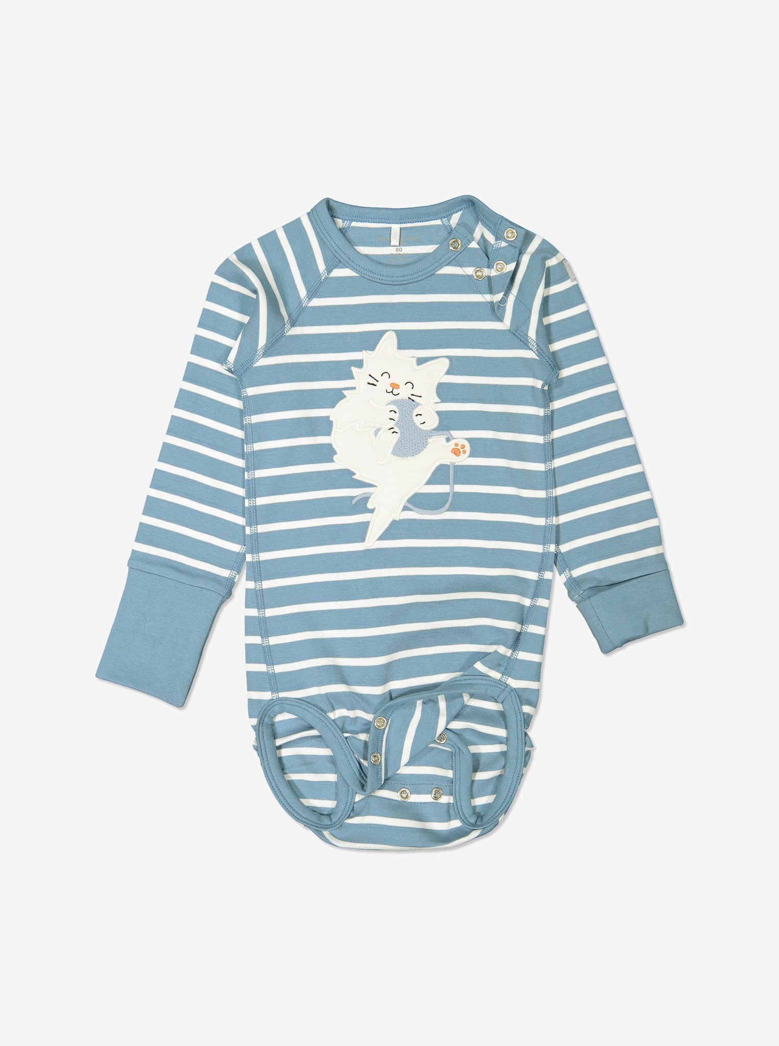 Blue and white striped babygrow for babies with poppers on one shoulder for easy dressing, made from GOTS organic cotton fabric with fun kitten playing with ball applique