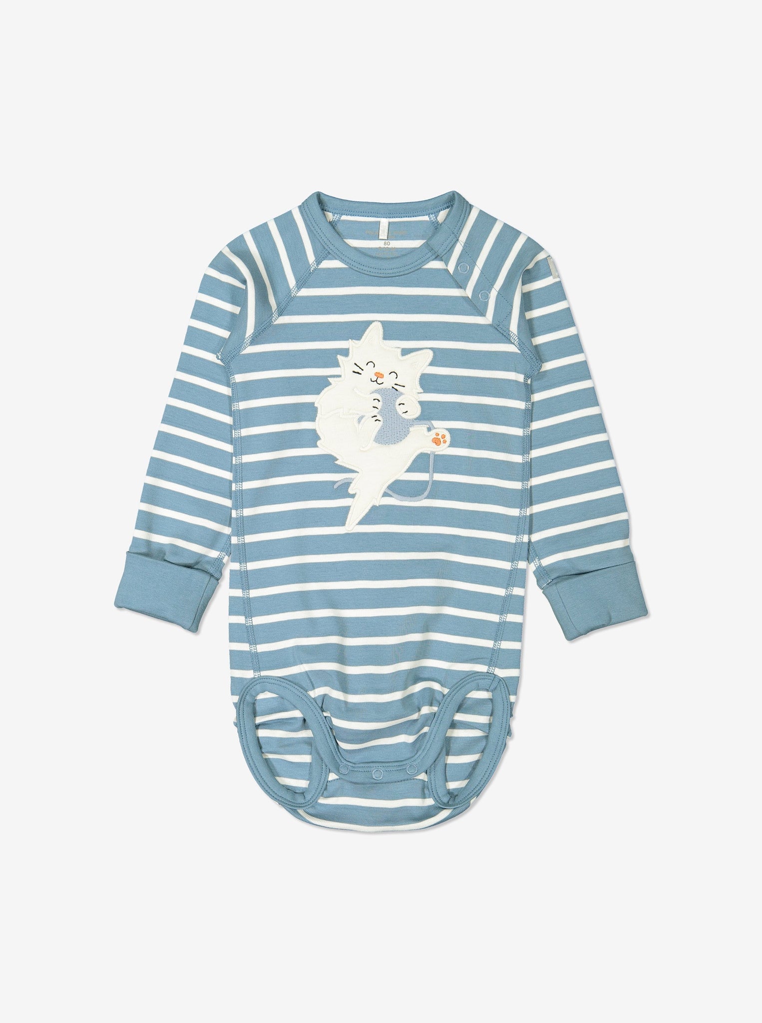 Blue and white striped babygrow for babies with poppers on one shoulder for easy dressing, made from GOTS organic cotton fabric with fun kitten playing with ball applique