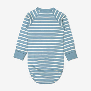 Back view of blue and white striped babygrow for babies, made from GOTS organic cotton fabric