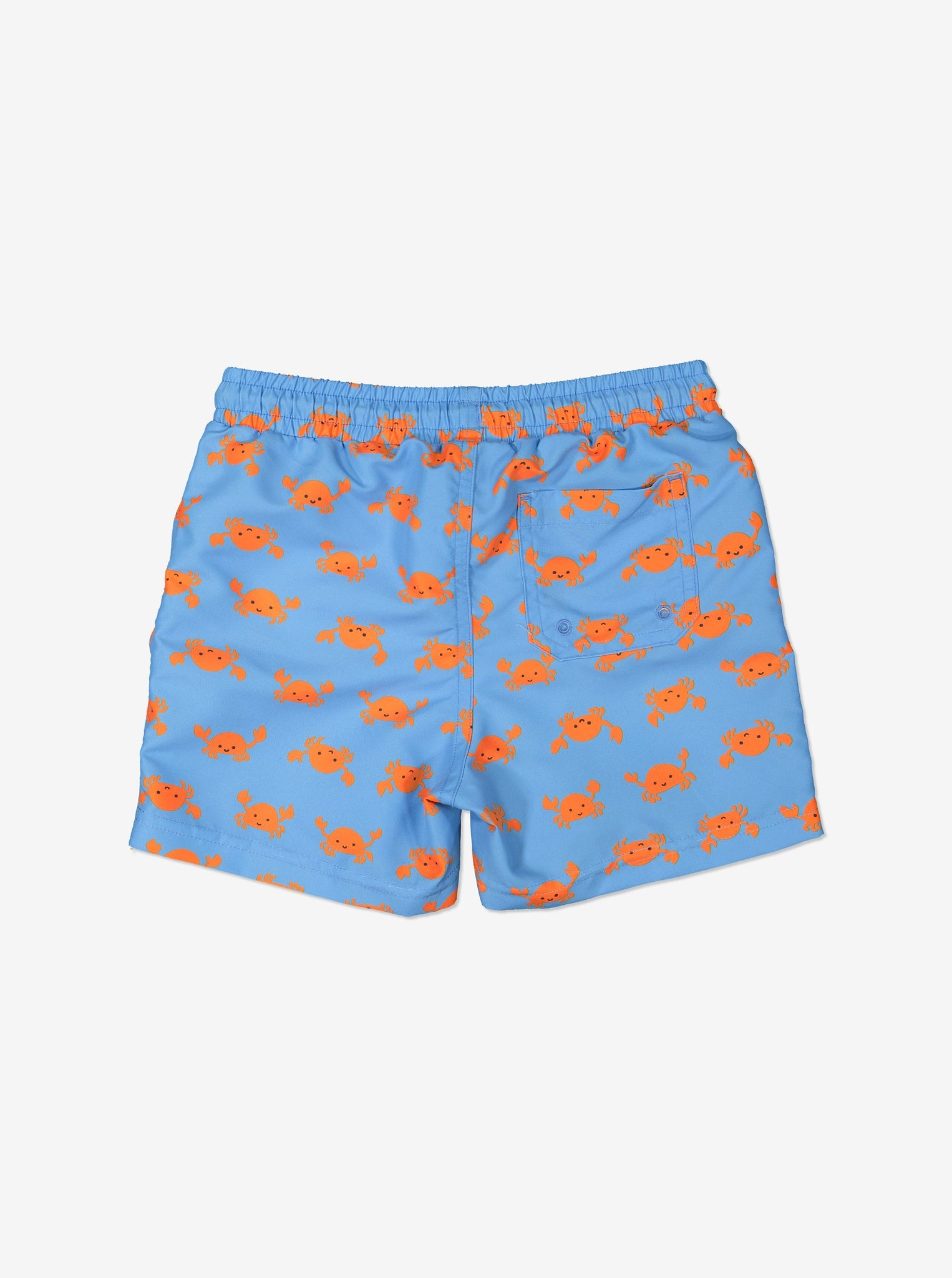 Blue kids swim shorts printed with small orange crabs. Features an inner mesh lining and adjustable drawstring waist.