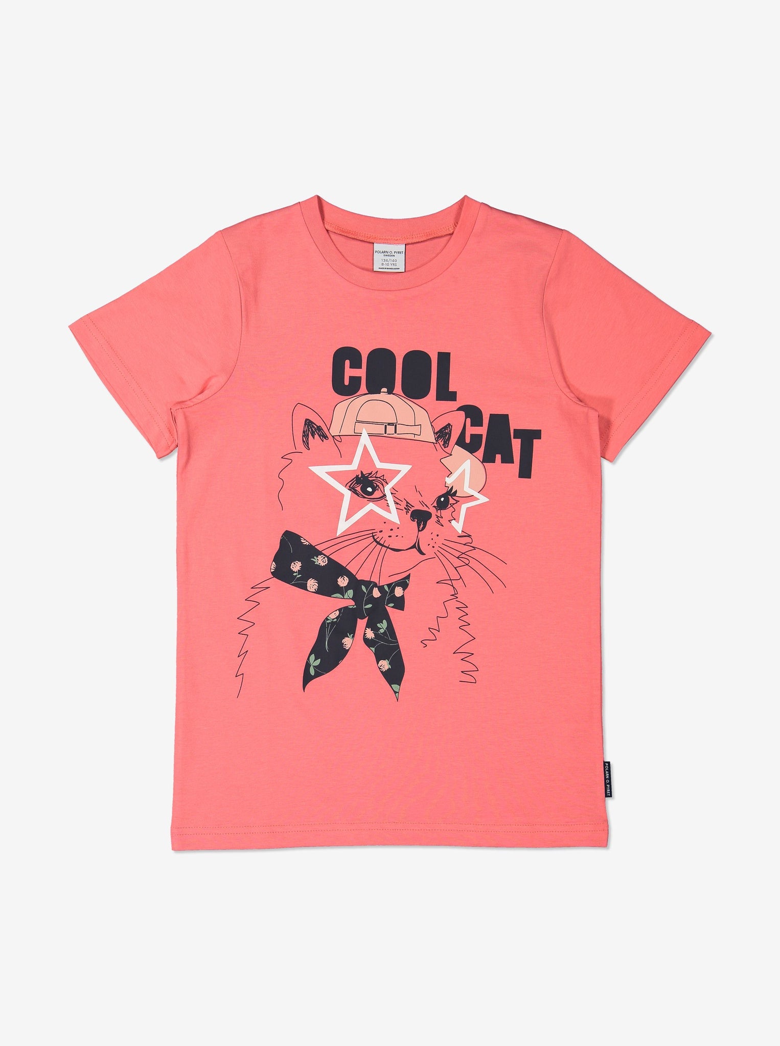 Girl Beige GOTS Organic Cat Print T-Shirt