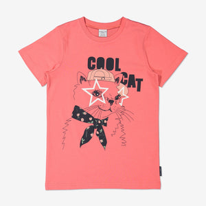 Girl Beige GOTS Organic Cat Print T-Shirt