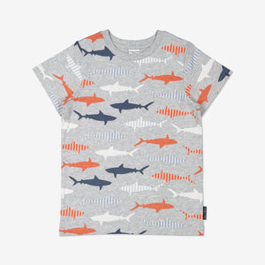 Boys Grey Kids Gots Organic Shark Print T Shirt 