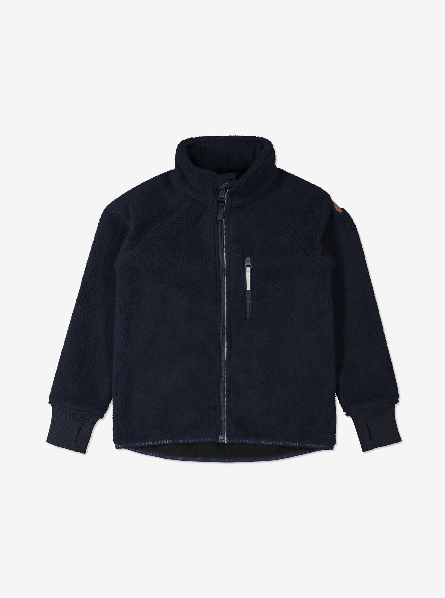 navy sherpa Fleece kids jacket, recycled materials, warm durable long lasting, ethical quality polarn o. pyret