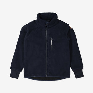 navy sherpa Fleece kids jacket, recycled materials, warm durable long lasting, ethical quality polarn o. pyret