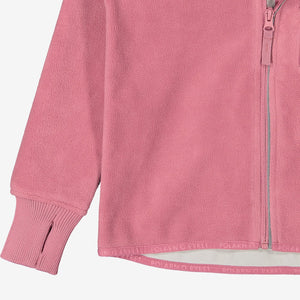 kids pink waterproof fleece jacket, used from recycled materials, comfortable and flexible, ethical quality polarn o. pyret 