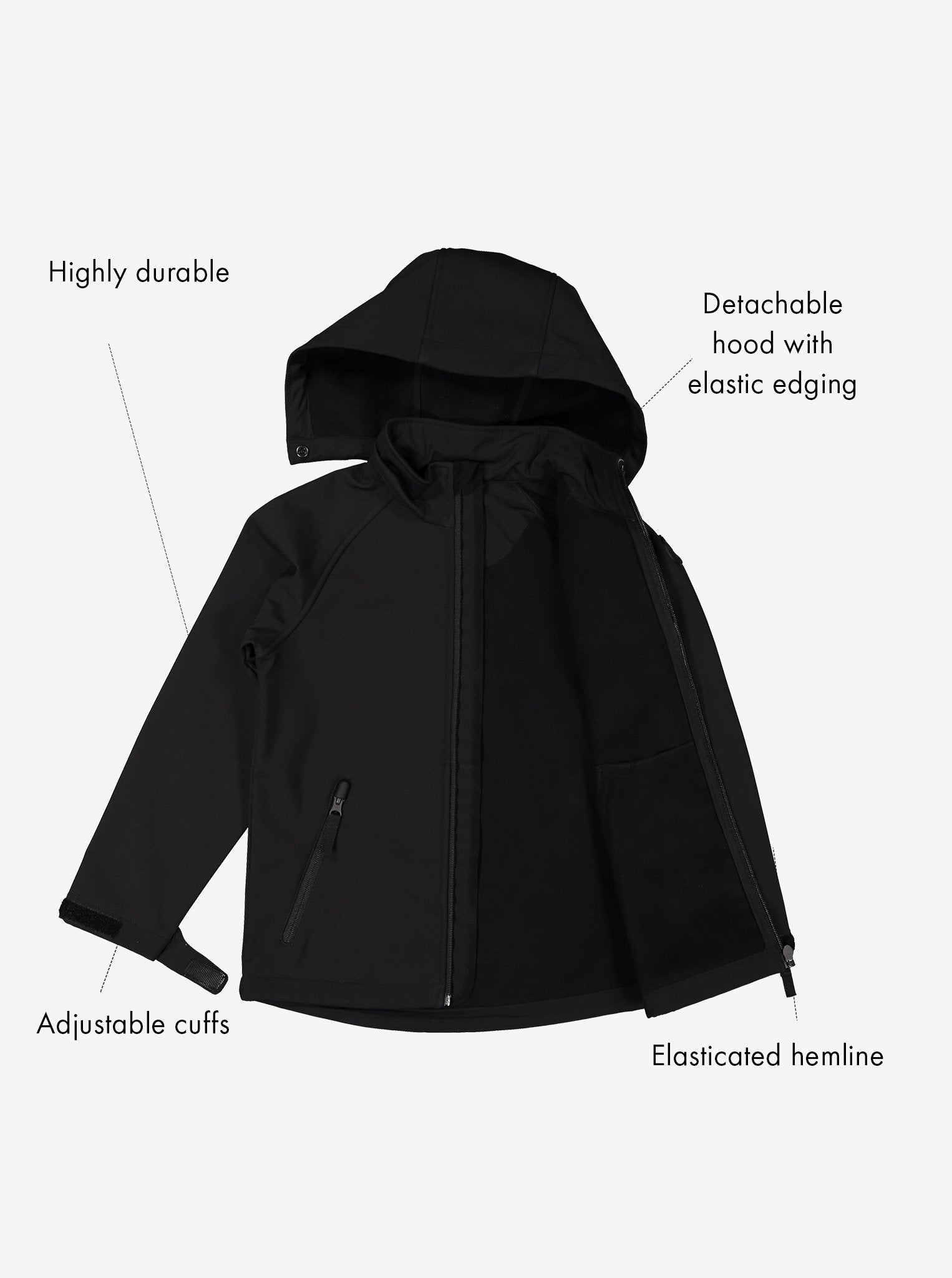  Black Stretch Waterproofs Kids Jacket black, soft warm and comfortable, ethical kids clothes polarn o. pyret showing features 