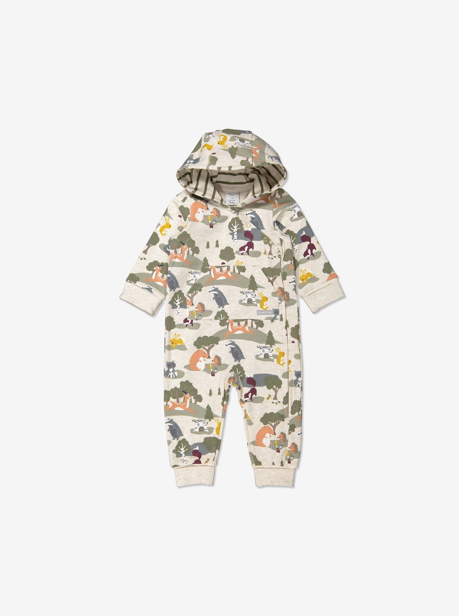 White hooded animal print baby romper for babies 1-12 months old with front pouch pocket. Made with soft organic cotton.