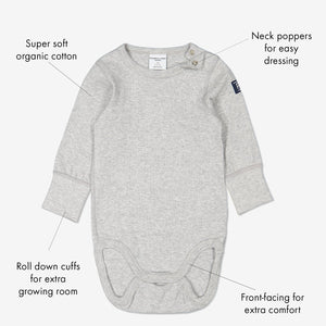 children's grey babygrow, ethical quality, polarn o. pyret organic cotton  unique feature infographic