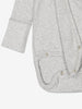 newborn grey babygrow, ethical organic cotton, polarn o. pyret quality close up of poppers feature