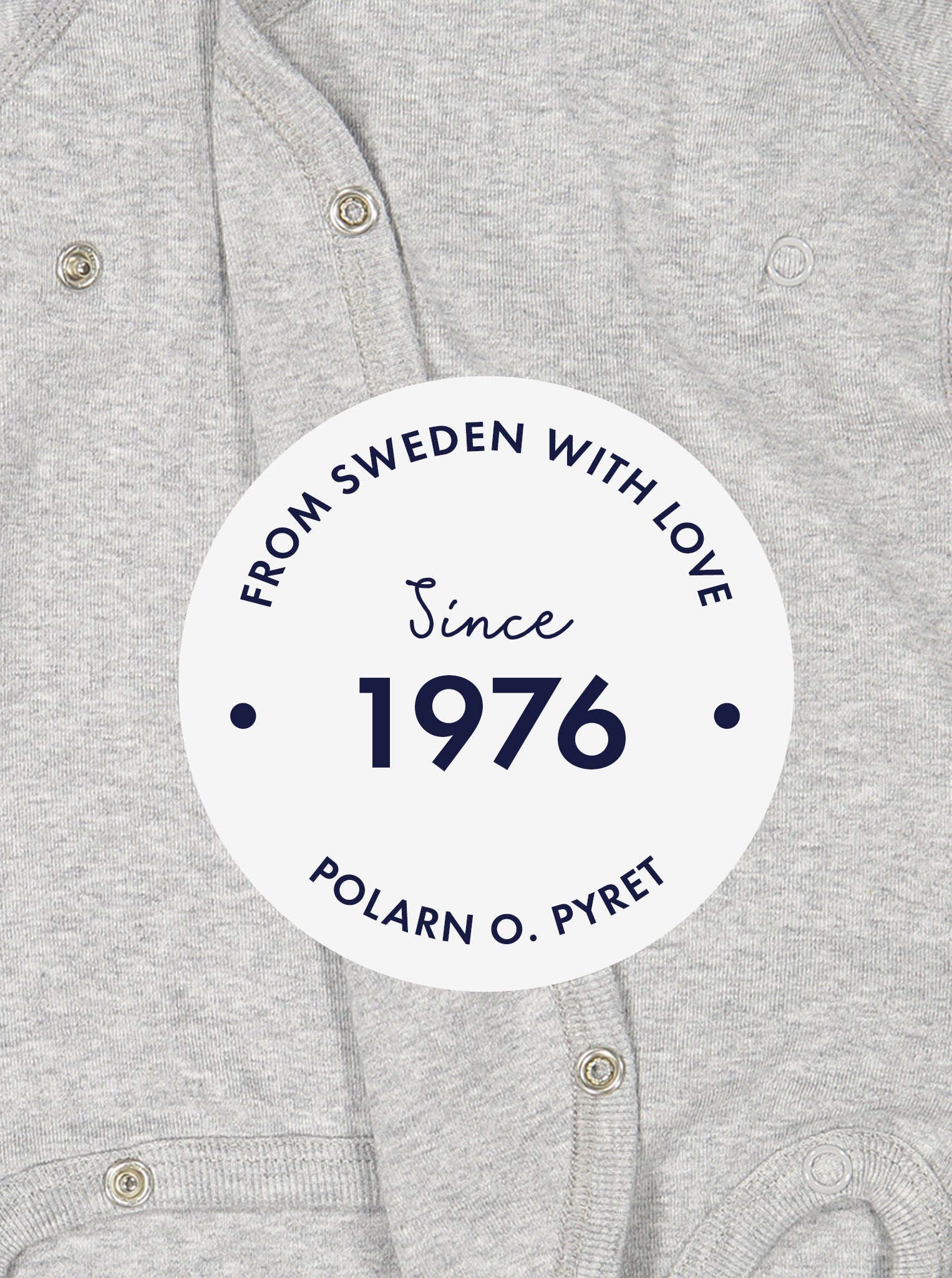 Polarn o. pyret 1976 logo on grey babygrow