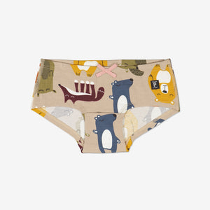 Beige coloured girls hipster briefs with colourful little cartoon animals  printed on the fabric. Made with organic cotton.