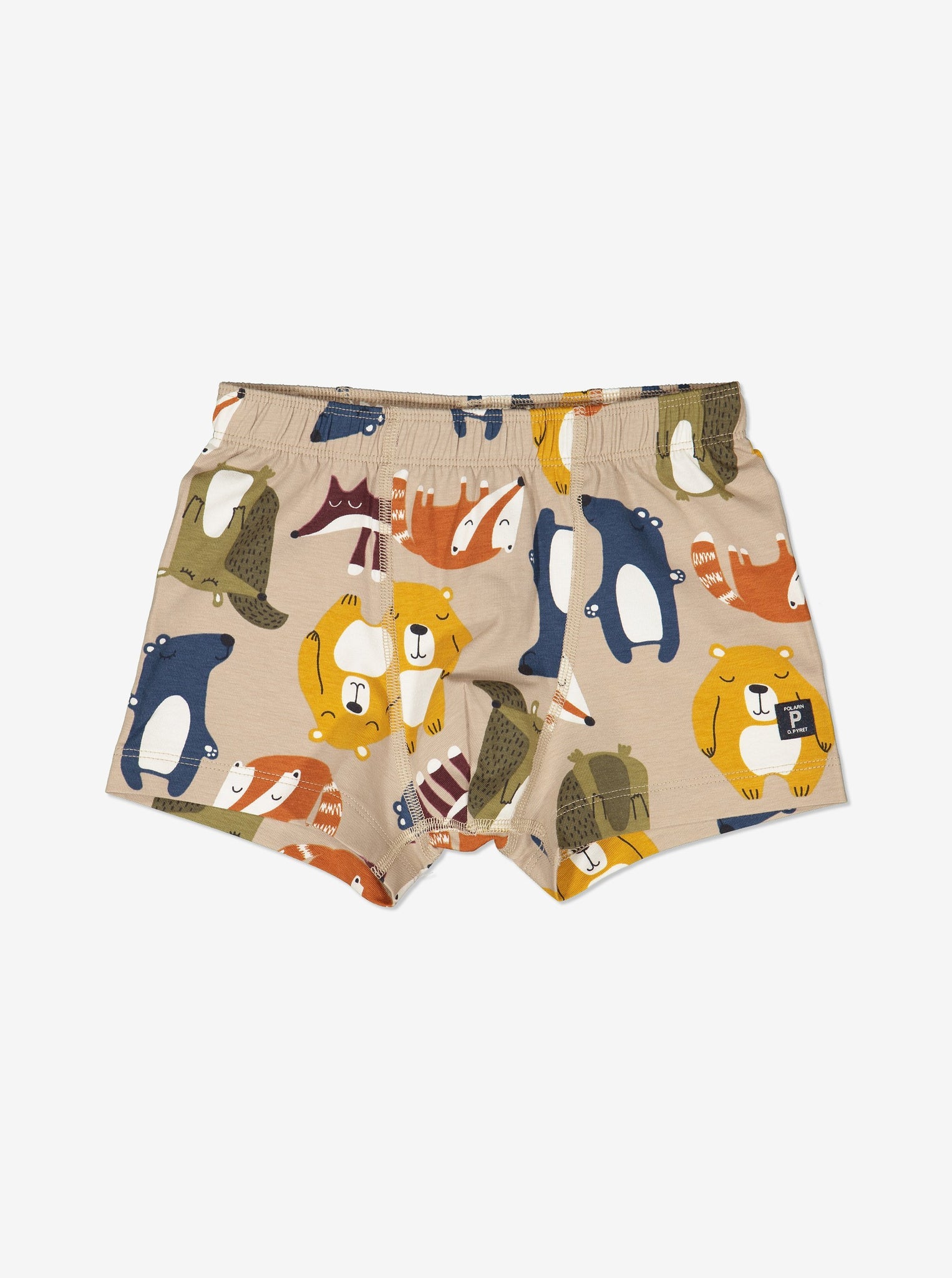 Beige boys cotton boxers printed with colourful sleepy animals, designed with flat seams. Made with organic cotton.