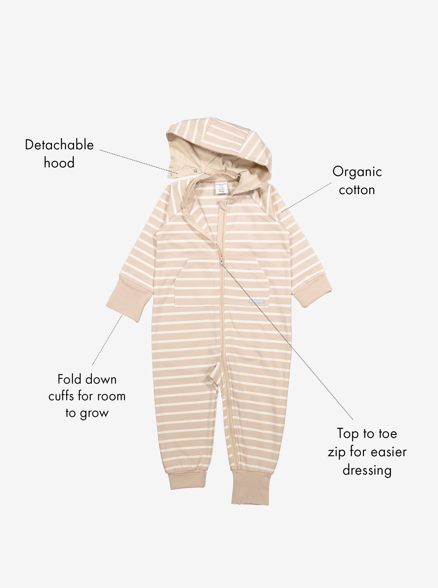  Organic Striped Beige Babygrow from Polarn O. Pyret Kidswear. Made from eco-friendly materials.