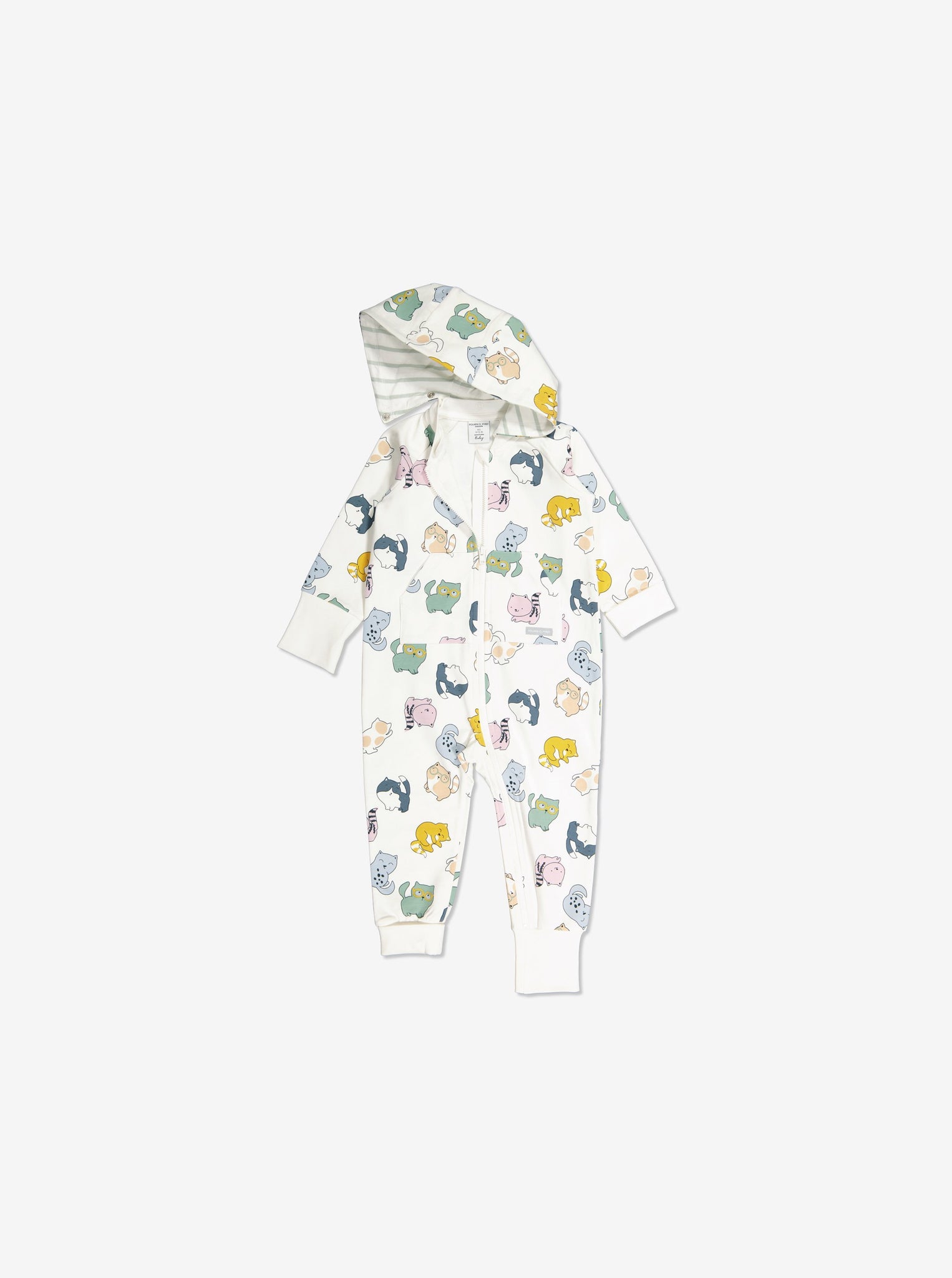  Organic White Cat Baby All In One from Polarn O. Pyret Kidswear. Made from environmentally friendly materials.