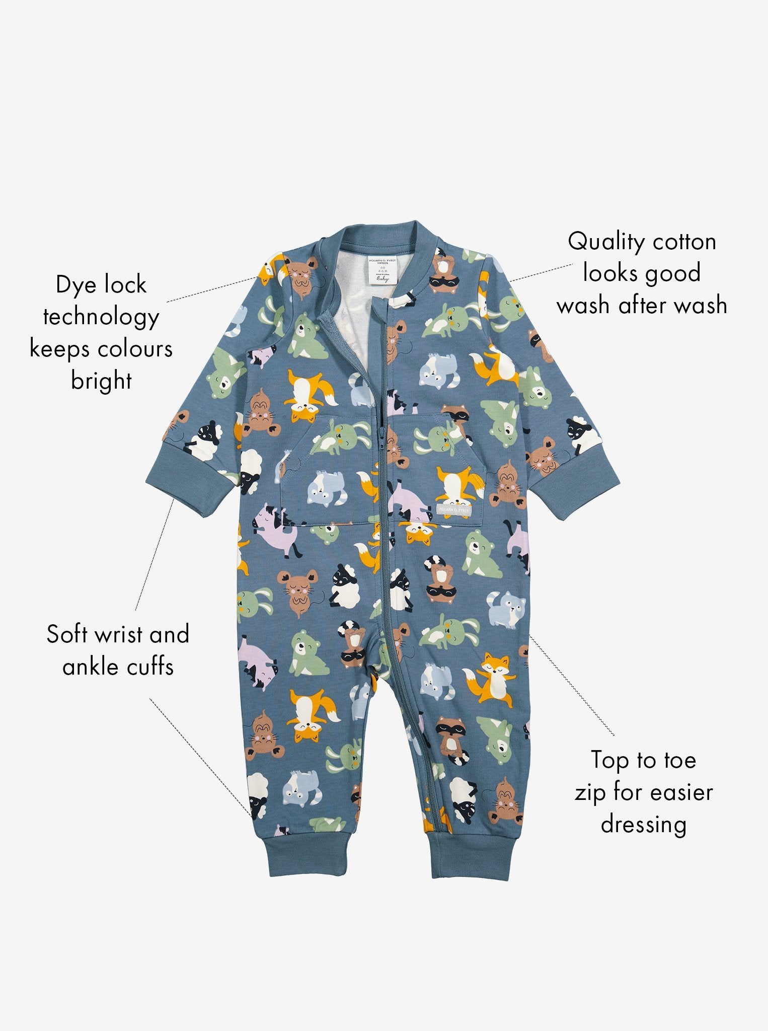  Organic Blue Animal Print Baby Romper from Polarn O. Pyret Kidswear. Made from environmentally friendly materials.