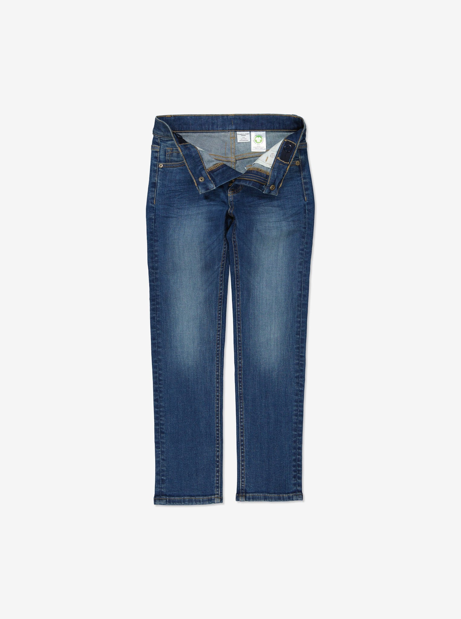 Organic Slim Fit Kids Blue Denim Jeans from Polarn O. Pyret Kidswear. Made from sustainably sourced materials.