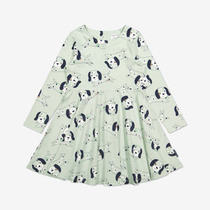  Organic Green Puppy Print Girls Dress from Polarn O. Pyret Kidswear. Made from ethically sourced materials.