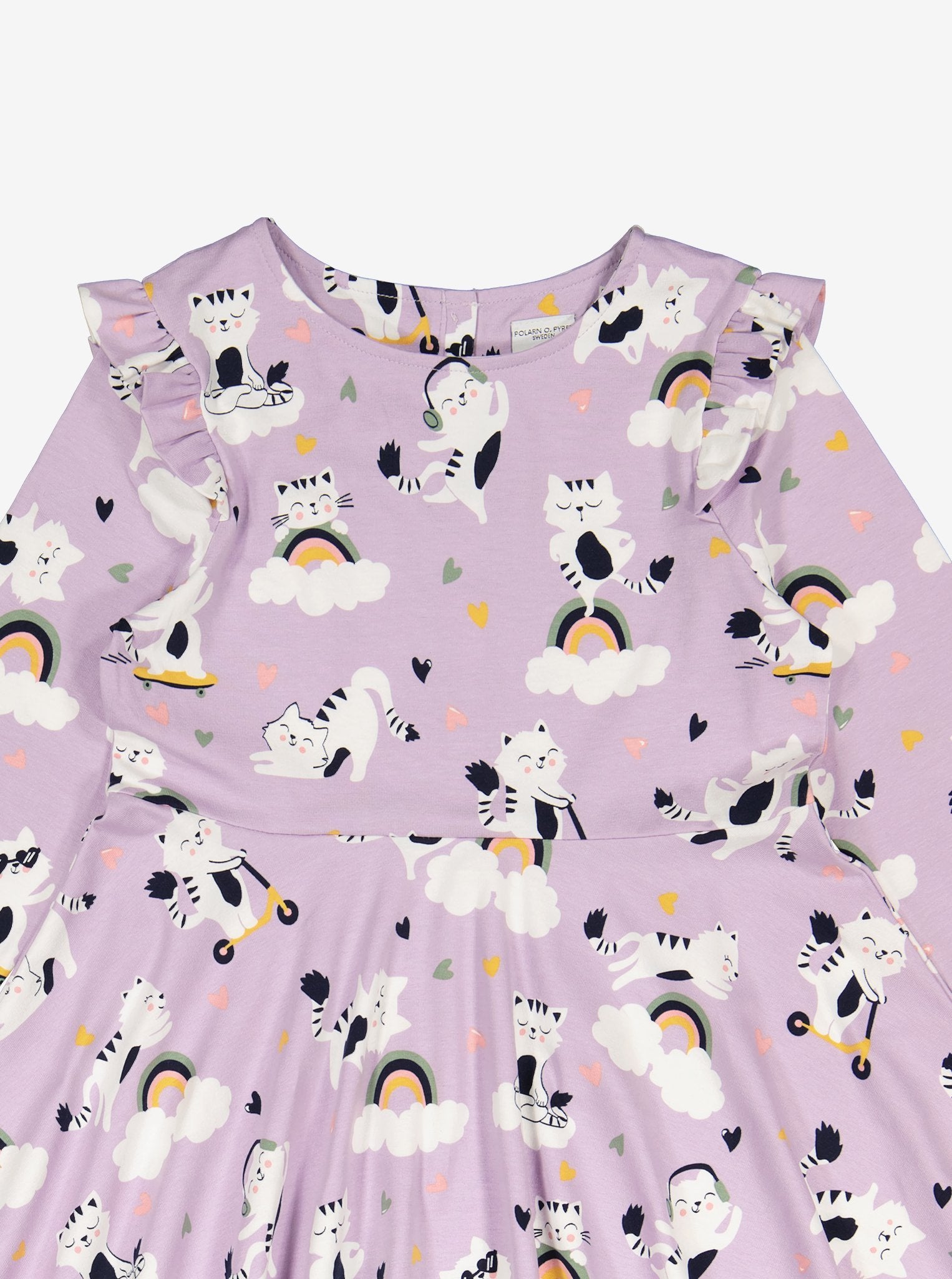  Organic Pink Cat Print Girls Dress from Polarn O. Pyret Kidswear. Made from eco-friendly materials.