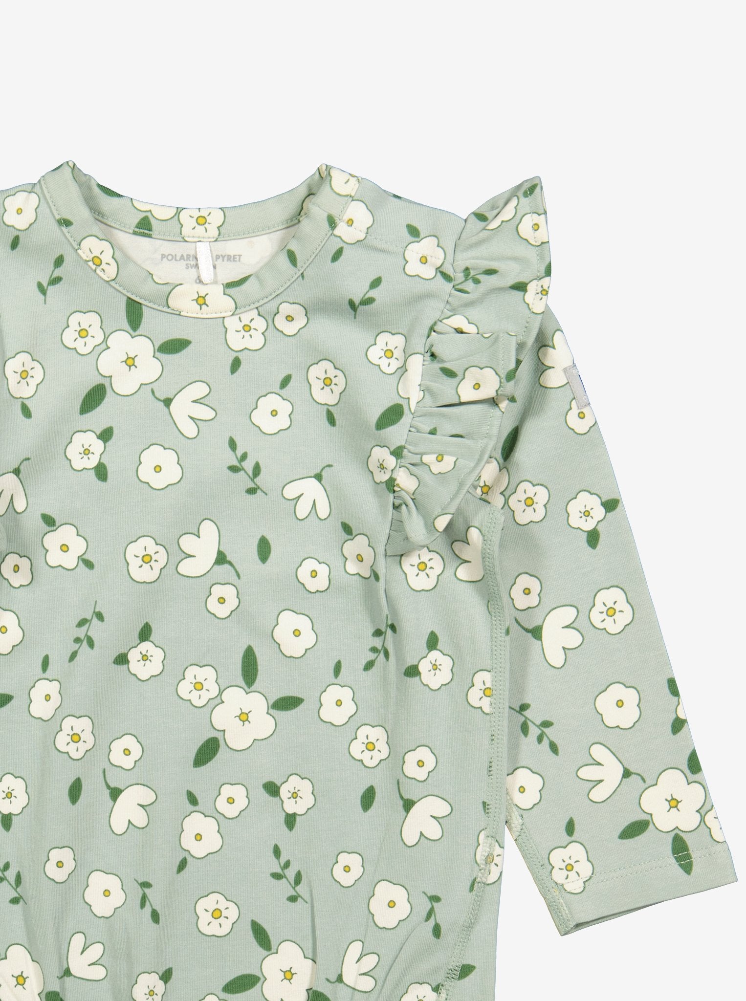  Organic Green Floral Girls Babygrow from Polarn O. Pyret Kidswear. Made from sustainable materials.