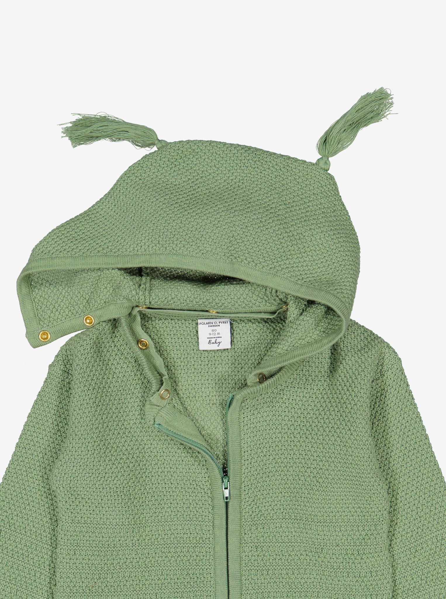  Organic Knitted Green Newborn Baby Hoodie from Polarn O. Pyret Kidswear. Made with 100% organic cotton.