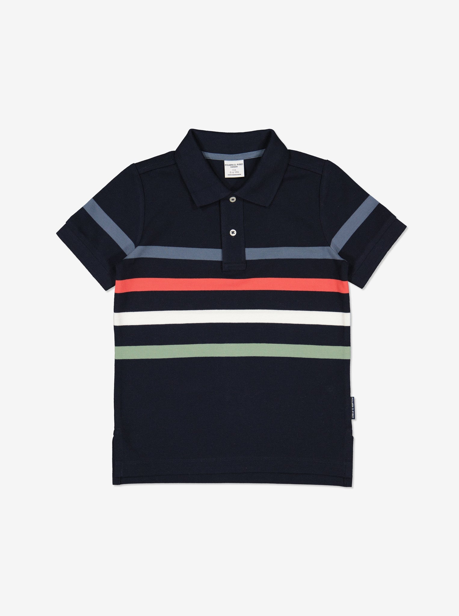 Striped Navy Boys Polo Top from Polarn O. Pyret Kidswear. Made from 100% GOTS Organic Cotton.