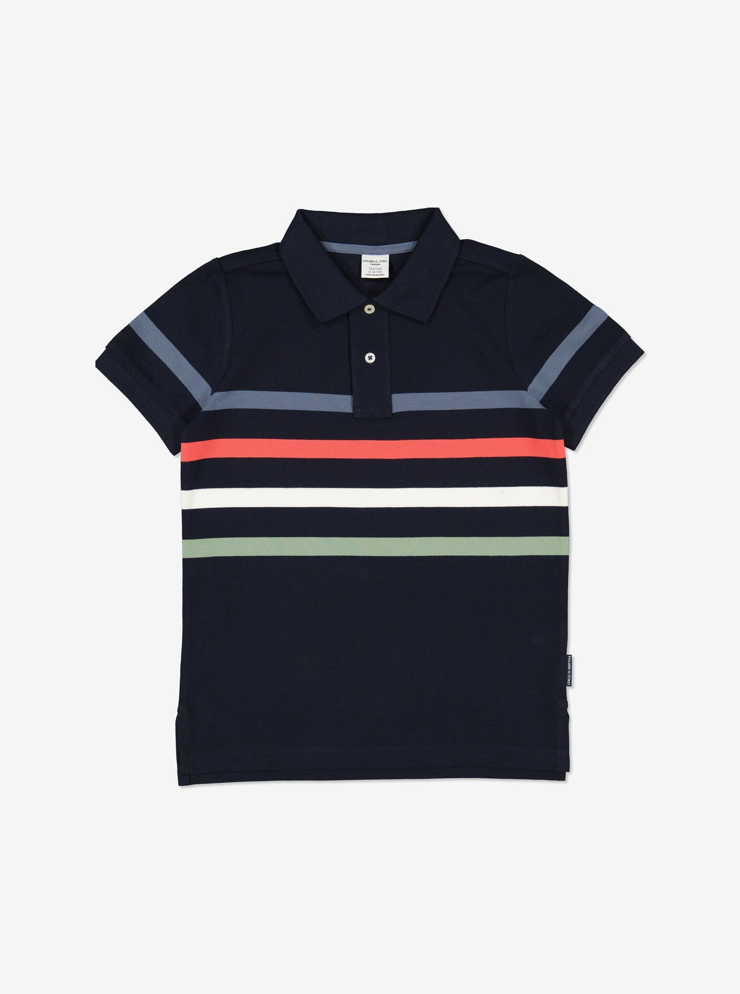 Striped Navy Boys Polo Top from Polarn O. Pyret Kidswear. Made from 100% GOTS Organic Cotton.