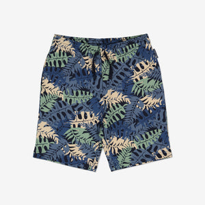 Leaf Print Navy Kids Shorts from Polarn O. Pyret Kidswear. Made from 100% GOTS Organic Cotton.