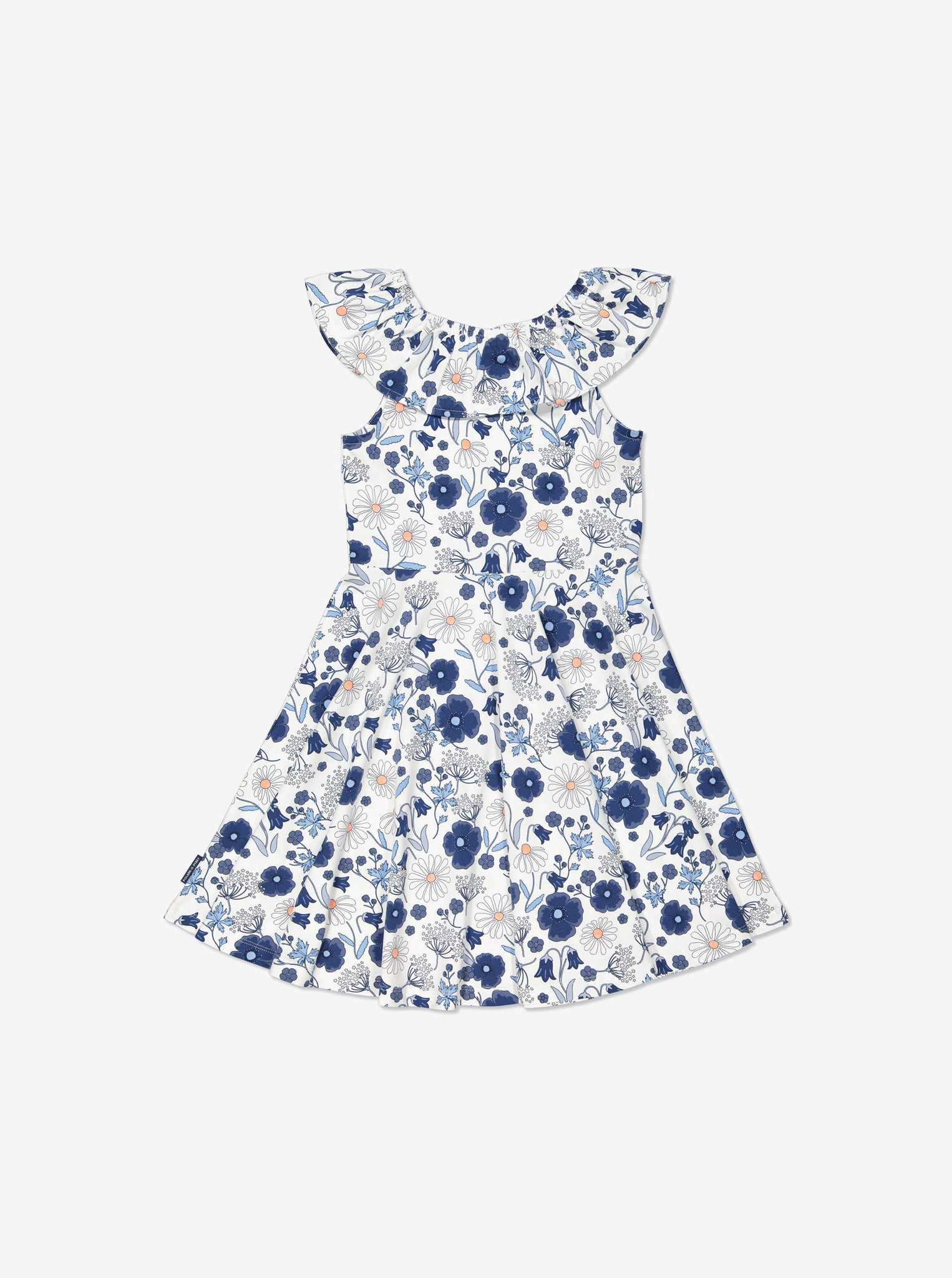 Blue Floral Print Girls Dress from Polarn O. Pyret Kidswear. Made using sustainable sourced materials.