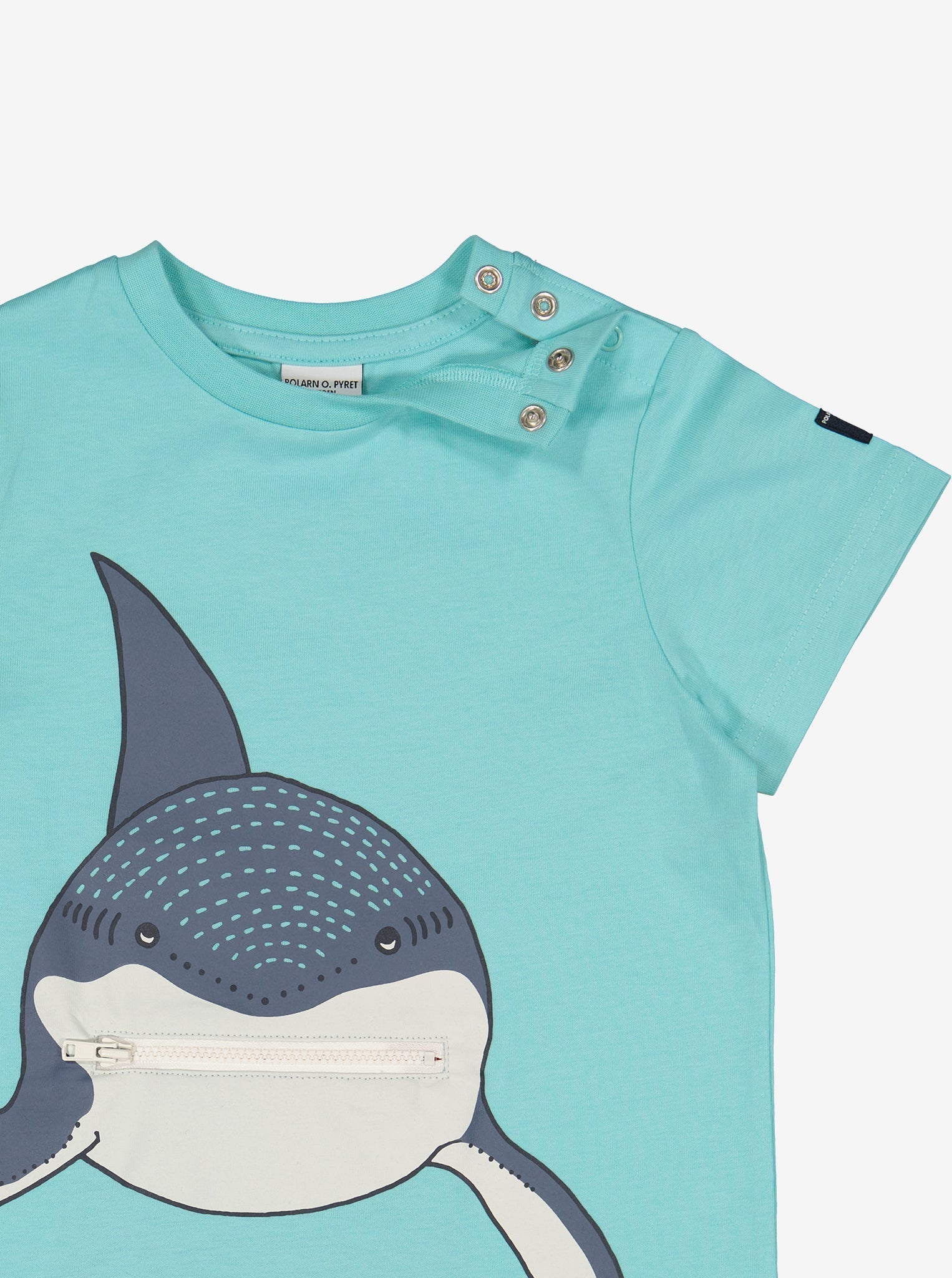 Blue Shark Print Kids T-Shirt from Polarn O. Pyret Kidswear. Made from 100% GOTS Organic Cotton.