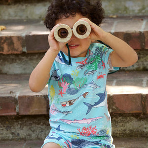 Sealife Print Blue Kids T-Shirt from Polarn O. Pyret Kidswear. Made using sustainable sourced materials.