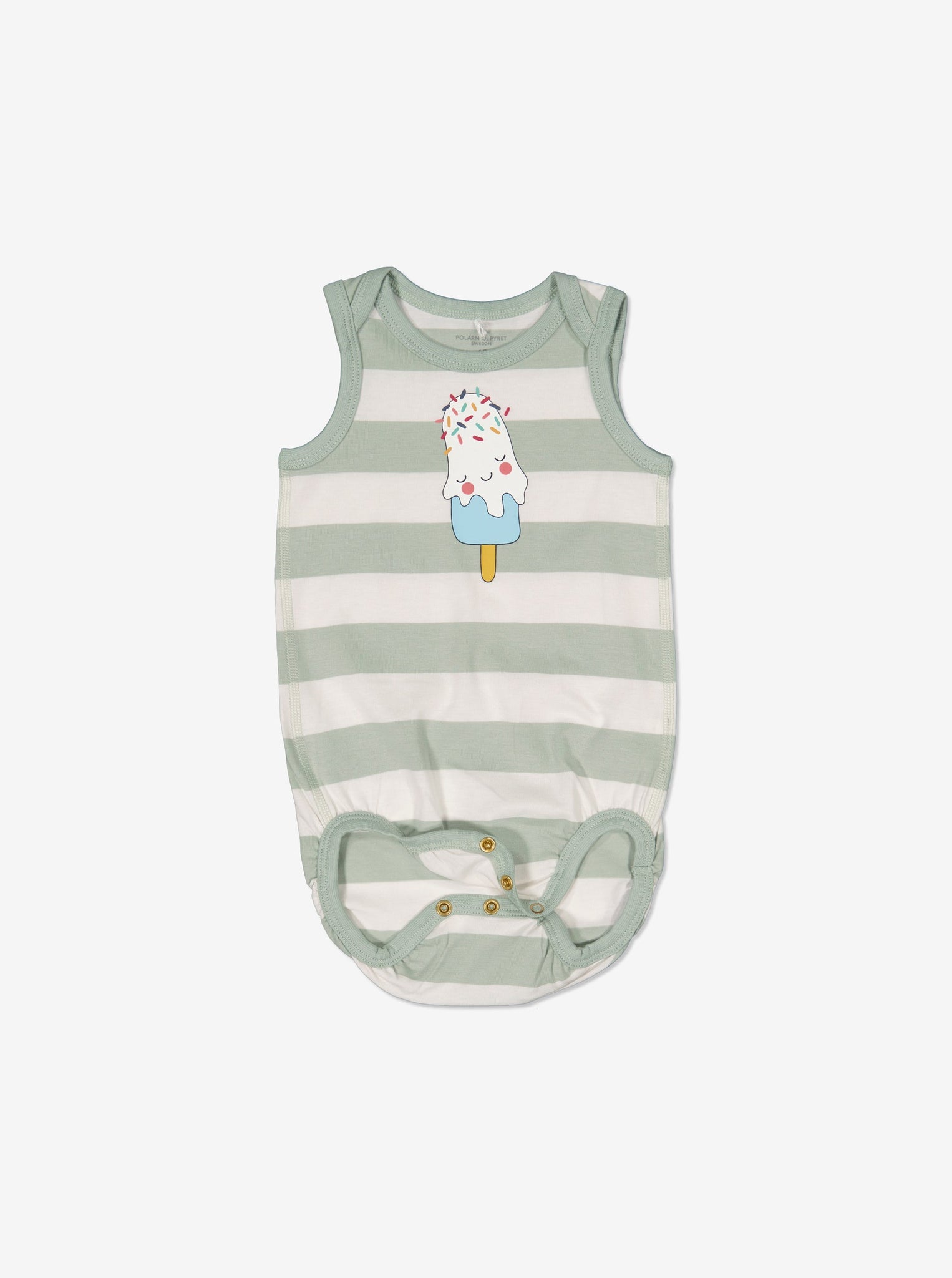 Green Sleeveless Newborn Babygrow from Polarn O. Pyret Kidswear. Made using sustainable sourced materials.