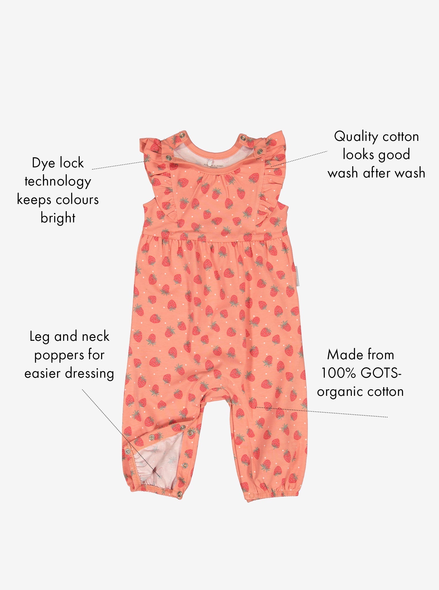 Strawberry Print Baby Playsuit from Polarn O. Pyret Kidswear. Ethically made and sustainably sourced materials.