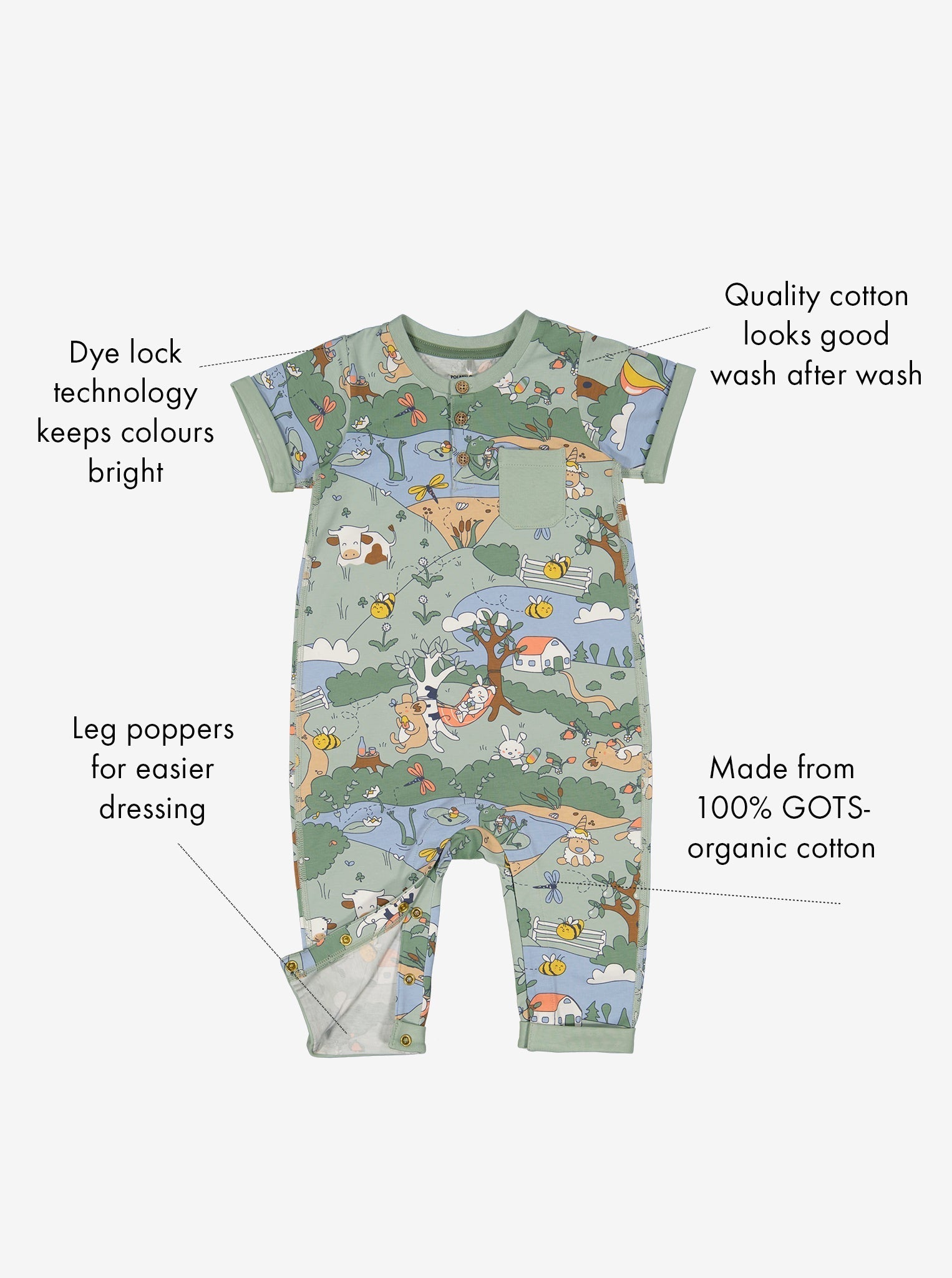 Wildlife Print Green Baby Romper from Polarn O. Pyret Kidswear. Made from ethically sourced materials.