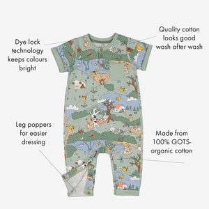 Wildlife Print Green Baby Romper from Polarn O. Pyret Kidswear. Made from ethically sourced materials.