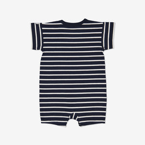 Striped Navy Newborn Baby Romper from Polarn O. Pyret Kidswear. Made using sustainable sourced materials.