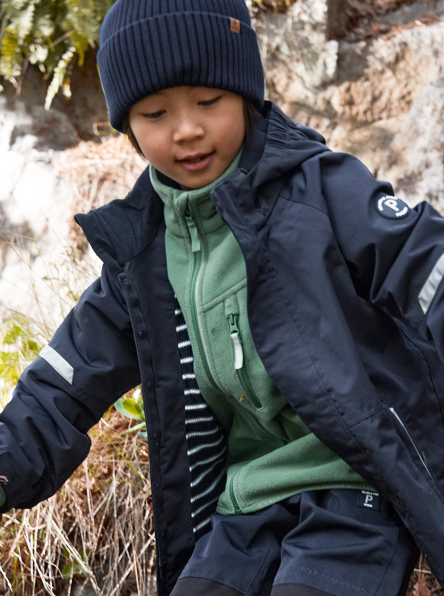 Navy Kids Waterproof Shell Jacket from the Polarn O. Pyret kidswear collection. Sustainably produced kids outerwear.